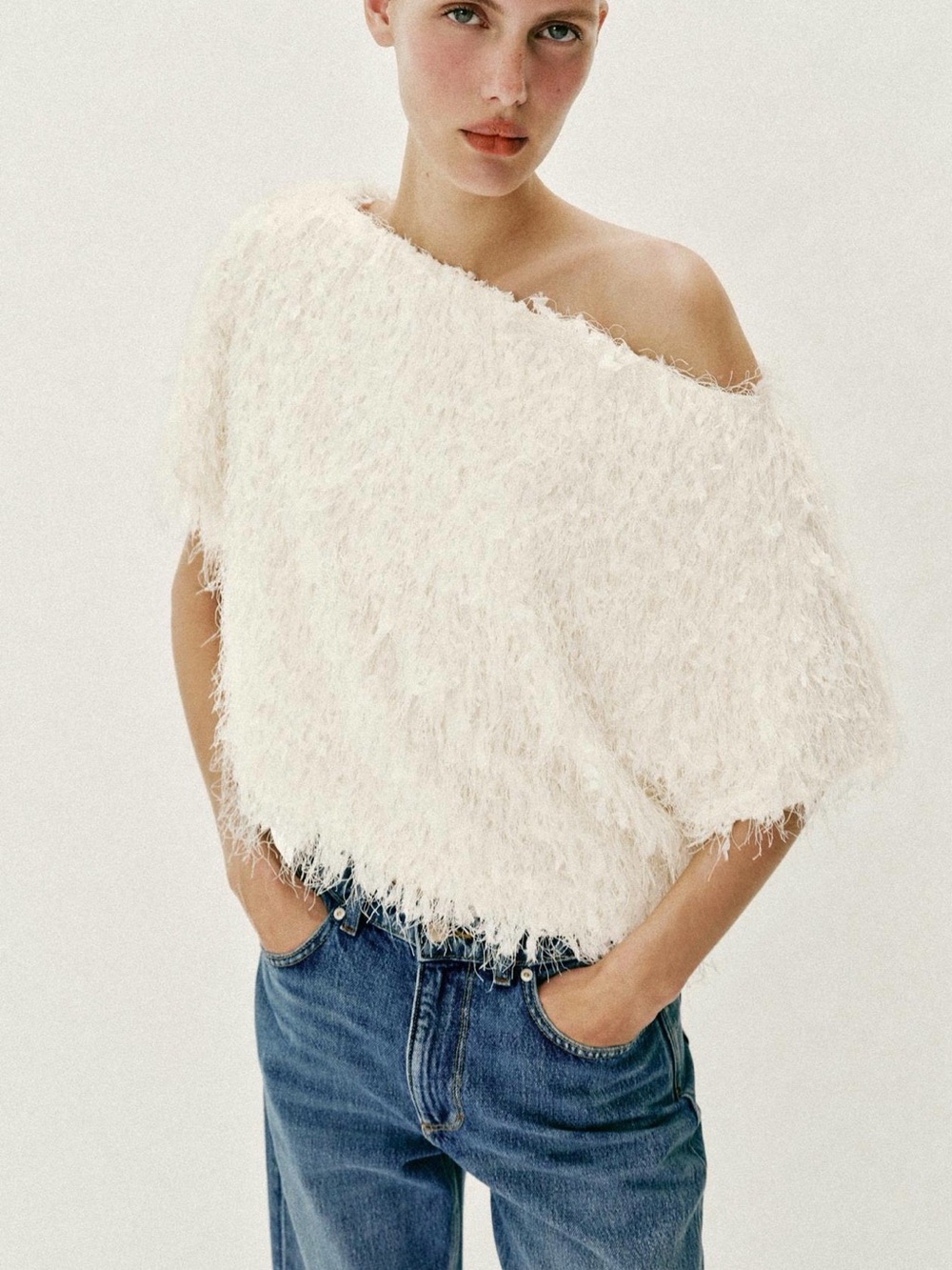 Zara Ecru Off-Shoulder Fringed Top Size Large - NWT